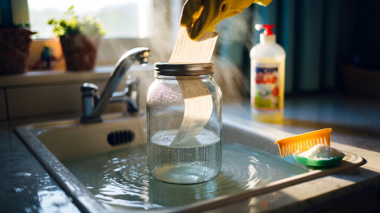 Illustration of a glass jar soaking in hot, soapy water as its paper label slides off cleanly