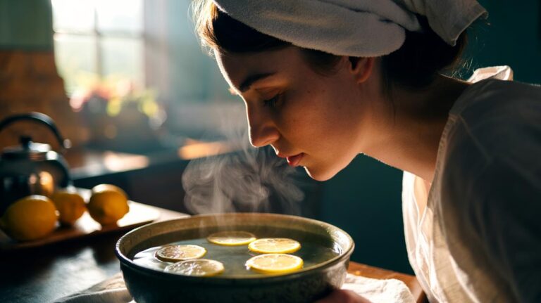 Illustration of a person inhaling steam from a bowl of hot water with lemon slices to clear a stuffy nose