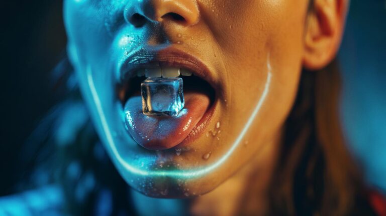 Illustration of a person holding an ice cube on the tongue to halt hiccups through a cold reset of the diaphragm nerve