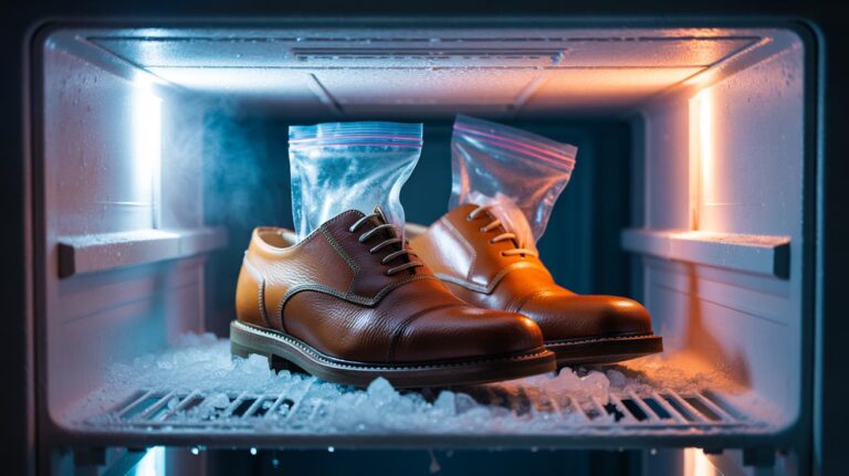 Illustration of a water-filled bag inserted in the toe box of new leather shoes, using freezing to gently stretch tight spots