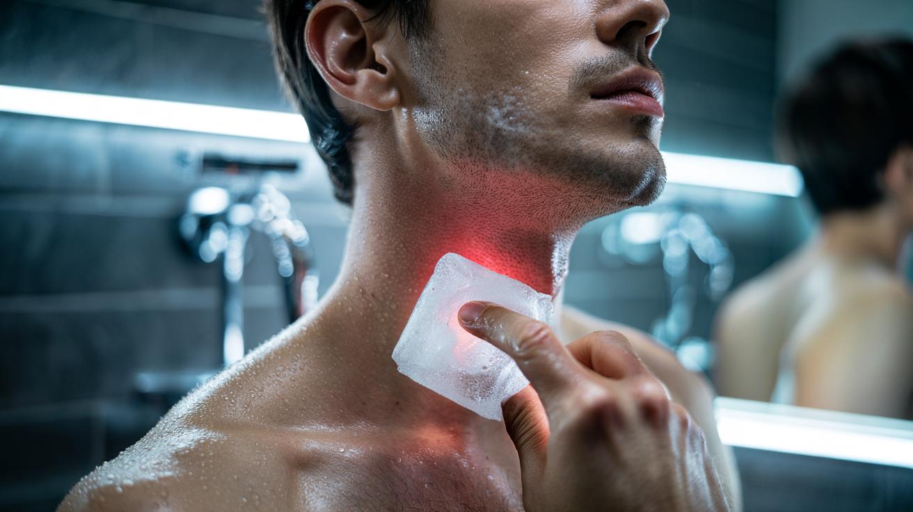 Illustration of a hand gliding an ice cube wrapped in a thin cloth over freshly shaved, irritated skin to calm razor burn