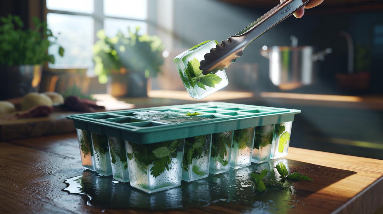 Illustration of an ice cube tray filled with water and chopped fresh herbs, creating herb ice cubes
