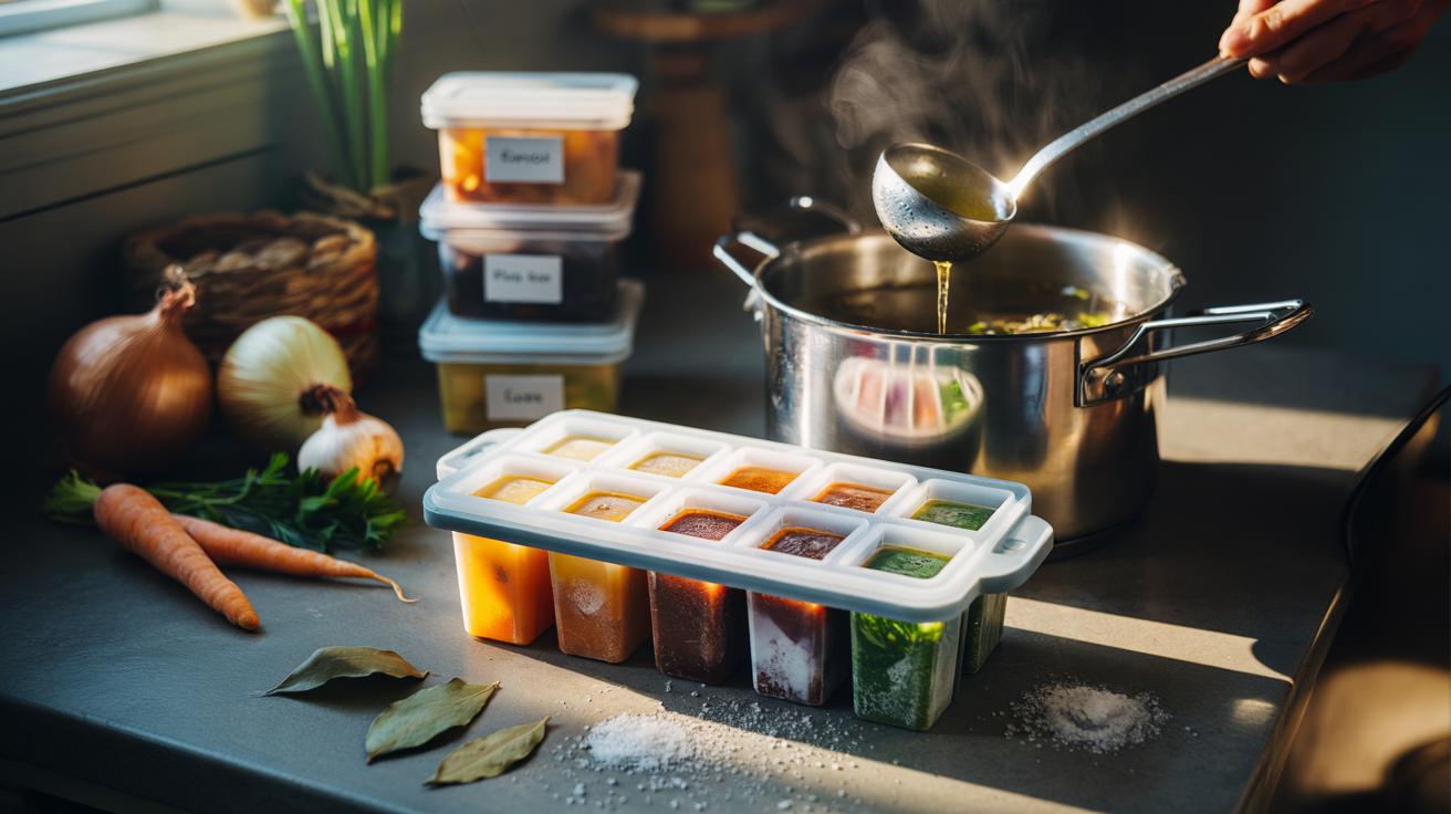 Illustration of an ice cube tray filled with labeled frozen stock cubes
