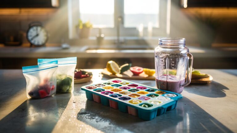 Illustration of an ice cube tray filled with frozen smoothie portion cubes next to a blender, ready for quick morning blending