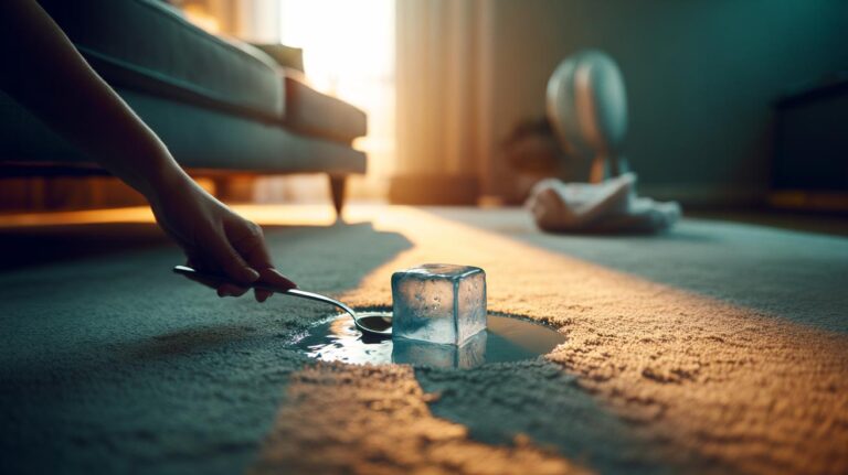 Illustration of ice cubes melting on a dented carpet to remove furniture dents