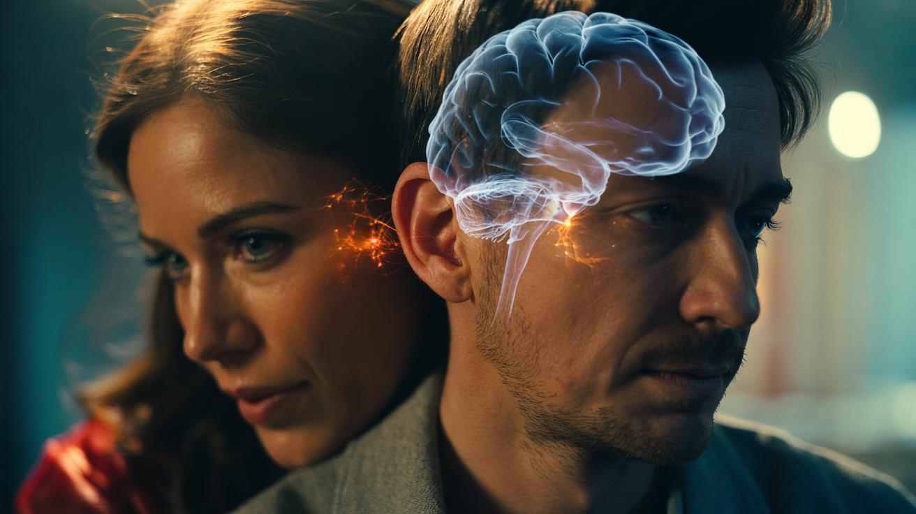 Illustration of a person whispering into another person’s left ear, highlighting right-brain processing and longer-lasting memory