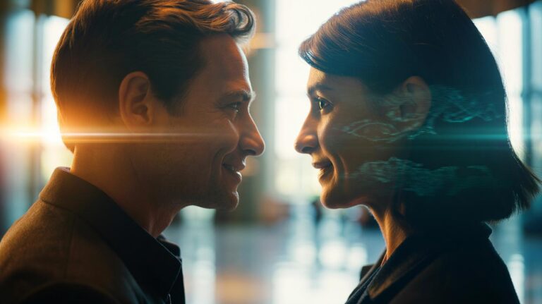 Illustration of two people in conversation with one positioned in the other’s left visual field, the left cheek softly lit to enhance perceived trust