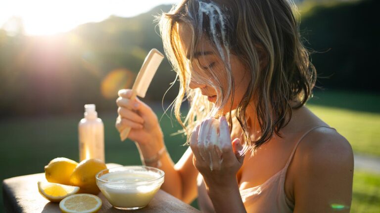 Illustration of a person applying a lemon and conditioner mix to hair in the sun, showing citric acid opening cuticles for gradual lightening