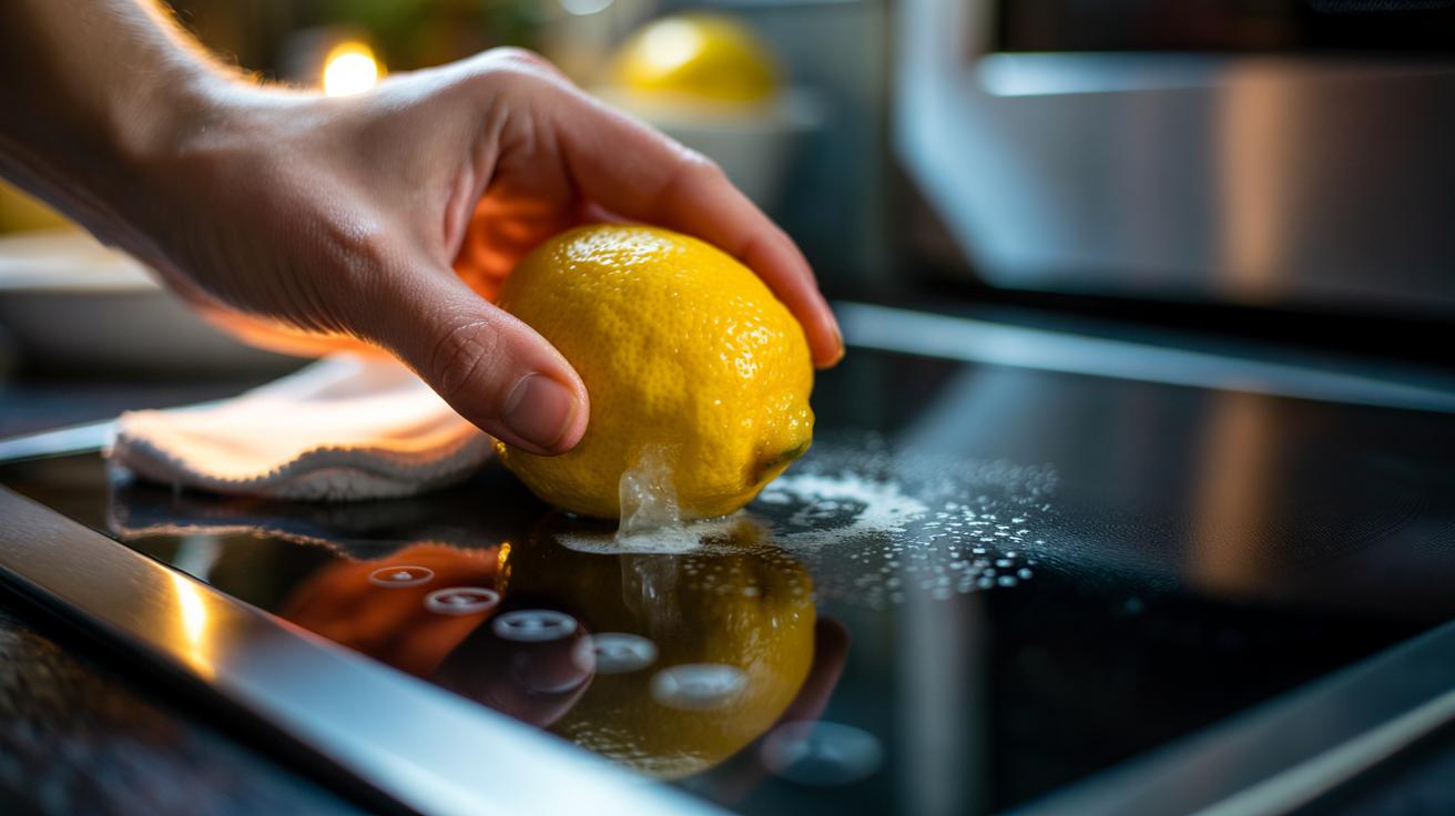Illustration of a lemon half being used to clean grimy microwave buttons on a control panel