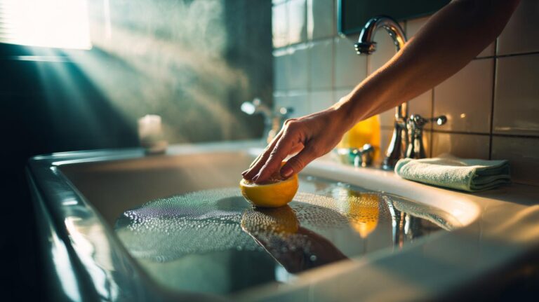 Illustration of a lemon half being rubbed on a bathroom mirror to prevent fogging after a shower