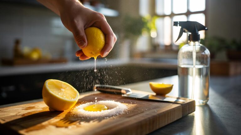 Illustration of lemon juice being applied to a cutting board to sanitise it naturally