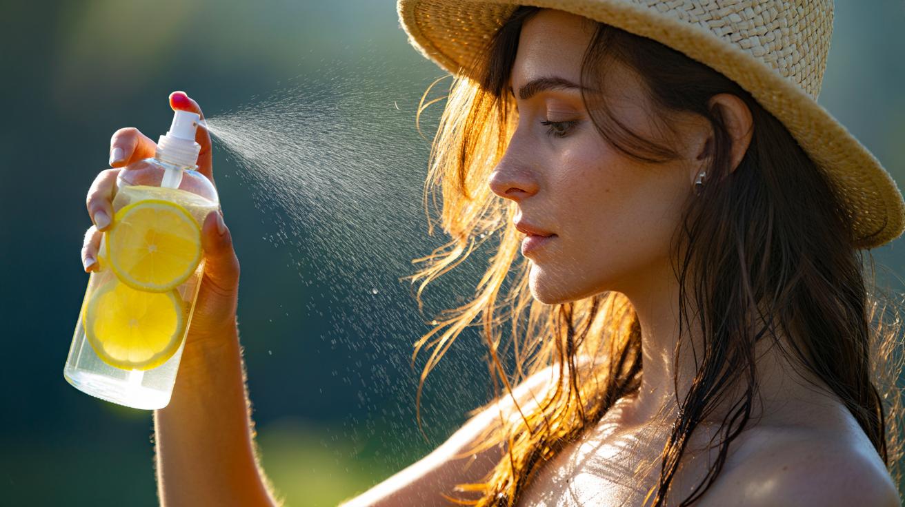 Illustration of applying diluted lemon juice to hair in gentle sunlight to create natural highlights