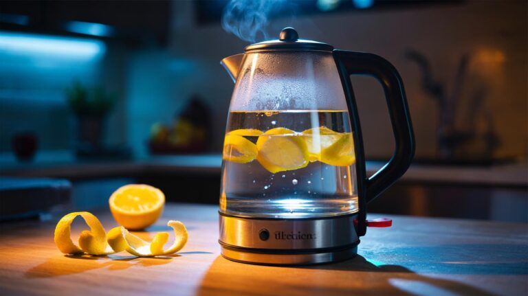 Illustration of lemon peels in a kettle soaking overnight to dissolve limescale with natural citric acid