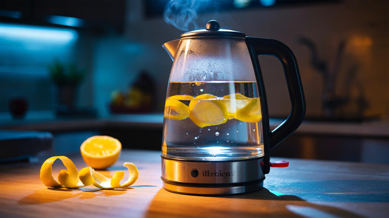 Illustration of lemon peels in a kettle soaking overnight to dissolve limescale with natural citric acid