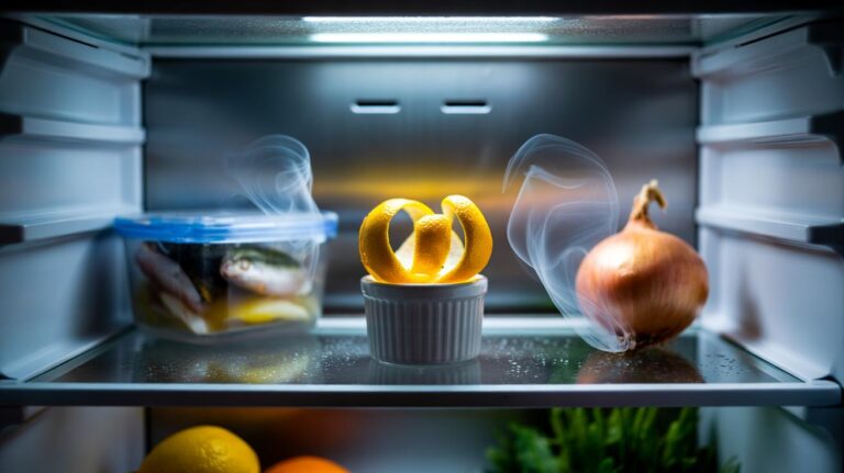 Illustration of lemon peel in a refrigerator to neutralise bad odours using natural citrus oils