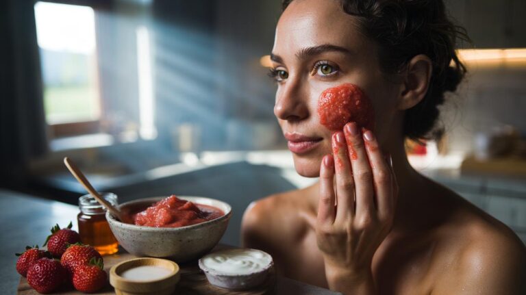 Illustration of mashed strawberries being applied as a gentle exfoliating face scrub to brighten a dull complexion