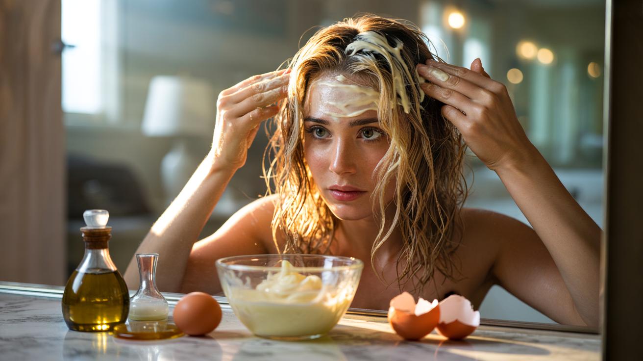 Illustration of a person applying a mayonnaise hair mask to sun-fried hair, with eggs and oil in the foreground