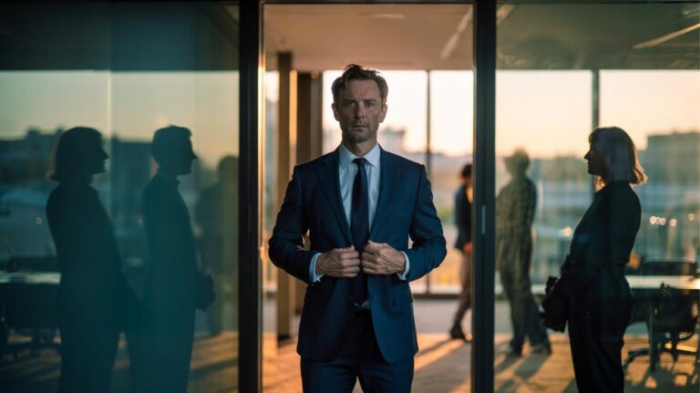 Illustration of a professional glancing in a mirror moments before a meeting to align posture and cue confident, open presence