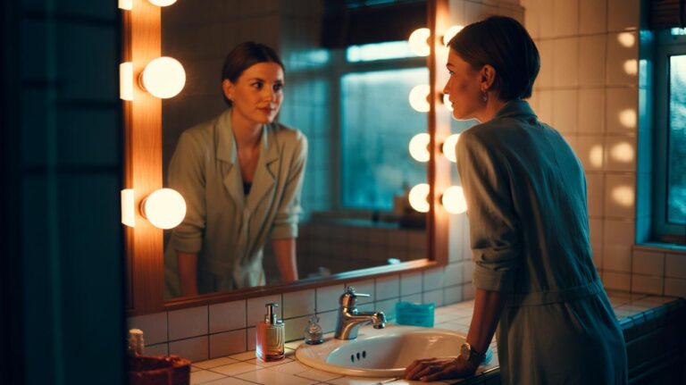 Illustration of a person standing before a bathroom mirror giving themselves a pre-date pep-talk to build confidence