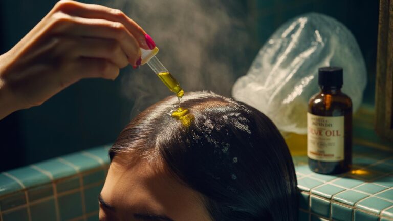 Illustration of the warm olive oil scalp treatment used to reduce dandruff flakes by occluding and suffocating Malassezia while moisturising the scalp
