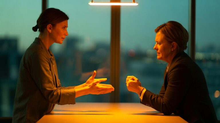 Illustration of visible open palms during a heated conversation to signal non-threat and de-escalate conflict