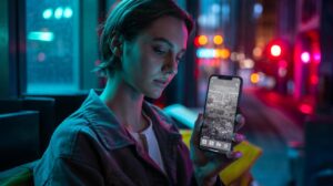 Illustration of a smartphone set to grayscale, showing a monochrome social media feed and muted notification badges.