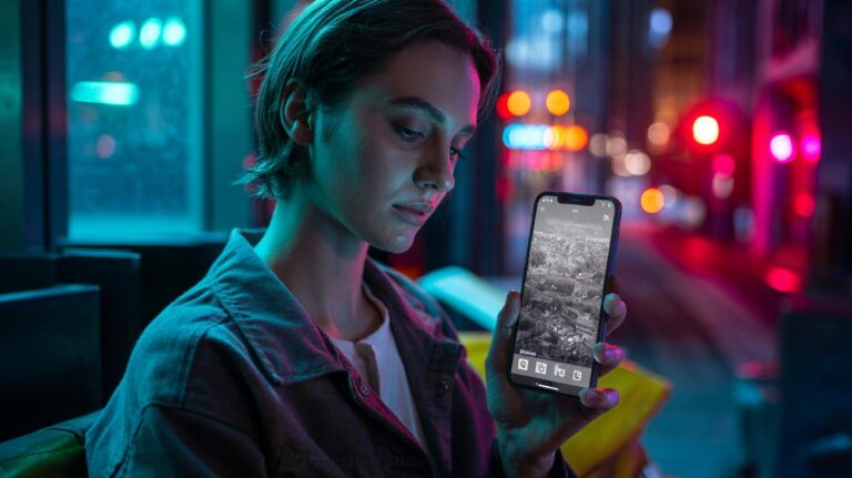 Illustration of a smartphone set to grayscale, showing a monochrome social media feed and muted notification badges.
