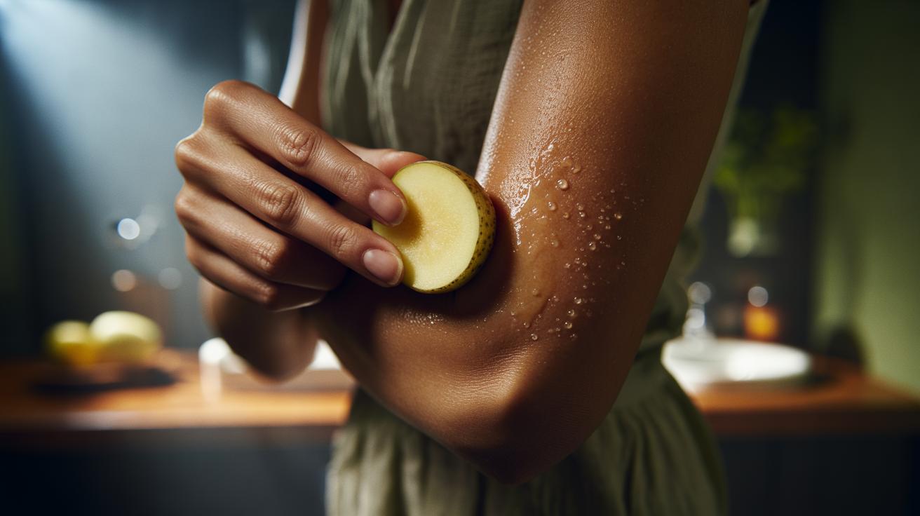 Illustration of a person rubbing a fresh potato slice on a dark elbow to help lighten pigmentation via catalase