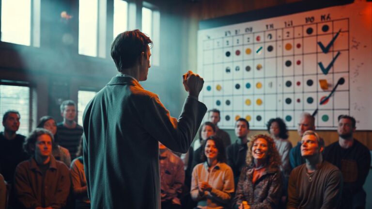 Illustration of a person making a public commitment to a new habit before a supportive group, with a visible progress tracker representing social pressure and accountability.