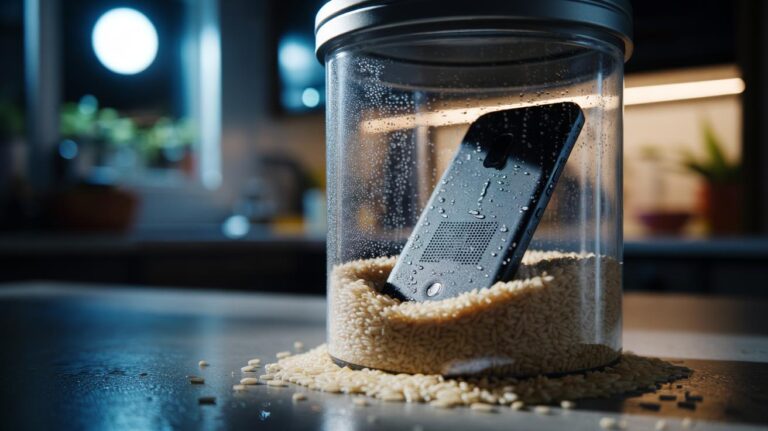 Illustration of a powered-off wet smartphone inside a sealed container filled with uncooked rice to draw moisture from tiny crevices overnight