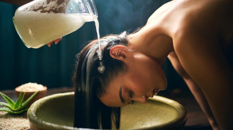 Illustration of fermented rice water being poured onto the scalp during a hair rinse to feed follicles and support hair growth