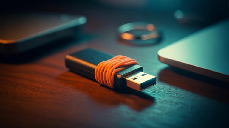 Illustration of a USB flash drive with a rubber band securing the cap