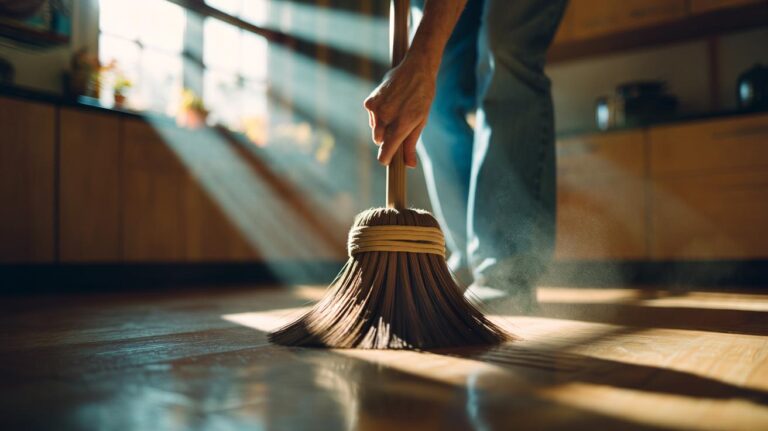 Illustration of a rubber band wrapped around a broom handle to stop slipping and provide better grip while sweeping