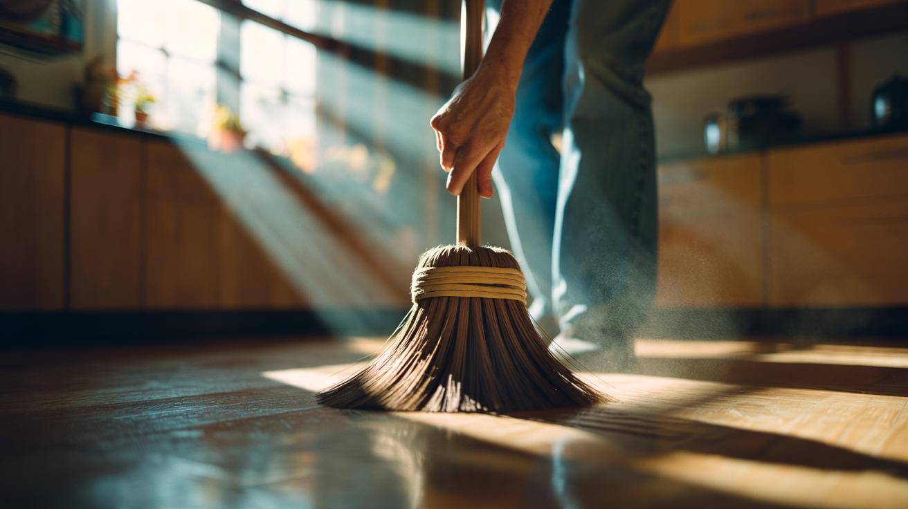 Illustration of a rubber band wrapped around a broom handle to stop slipping and provide better grip while sweeping