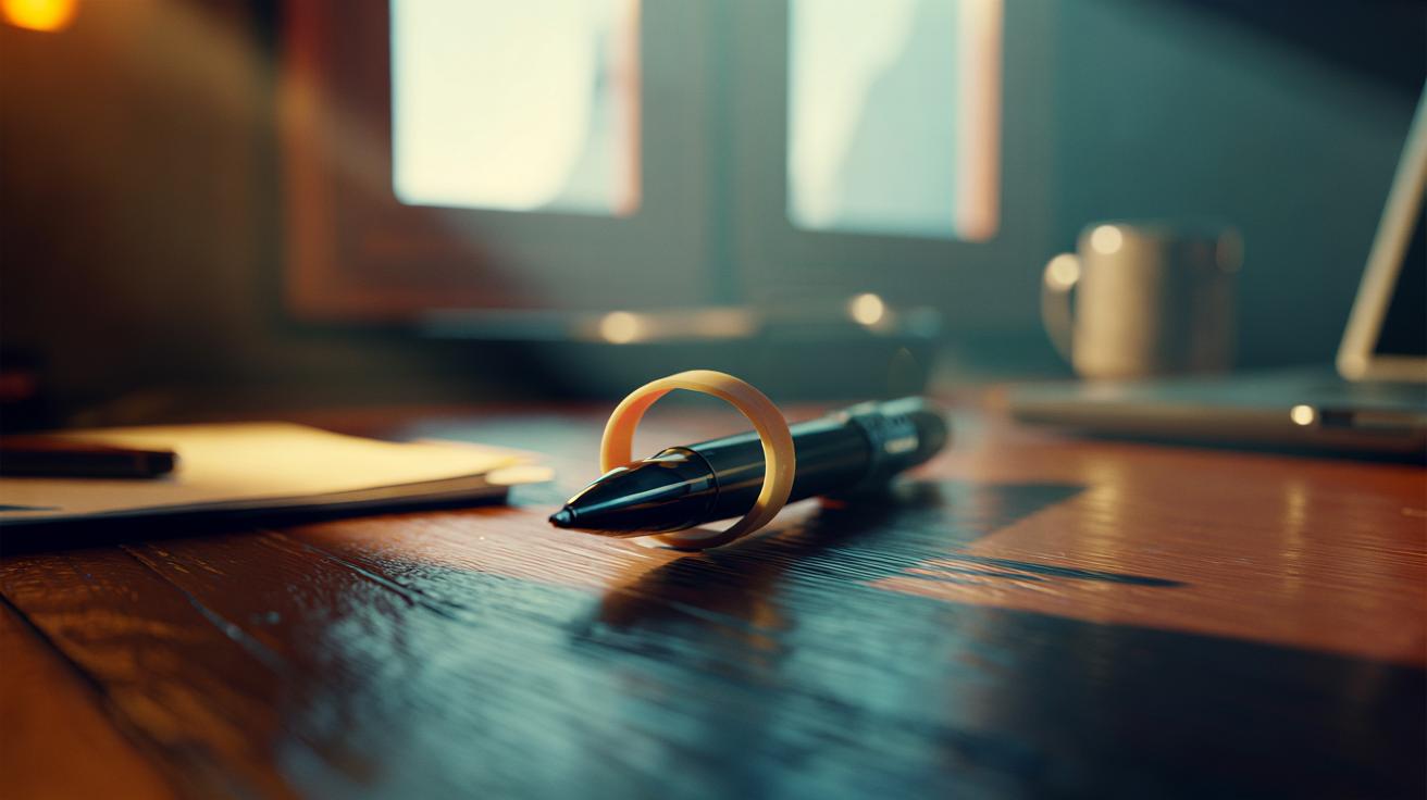 Illustration of a pen on a desk with a rubber band around the barrel to stop it from rolling