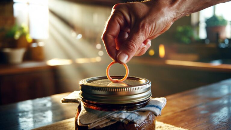 Illustration of a hand opening a jar by twisting the lid with a rubber band looped around the rim to prevent slipping