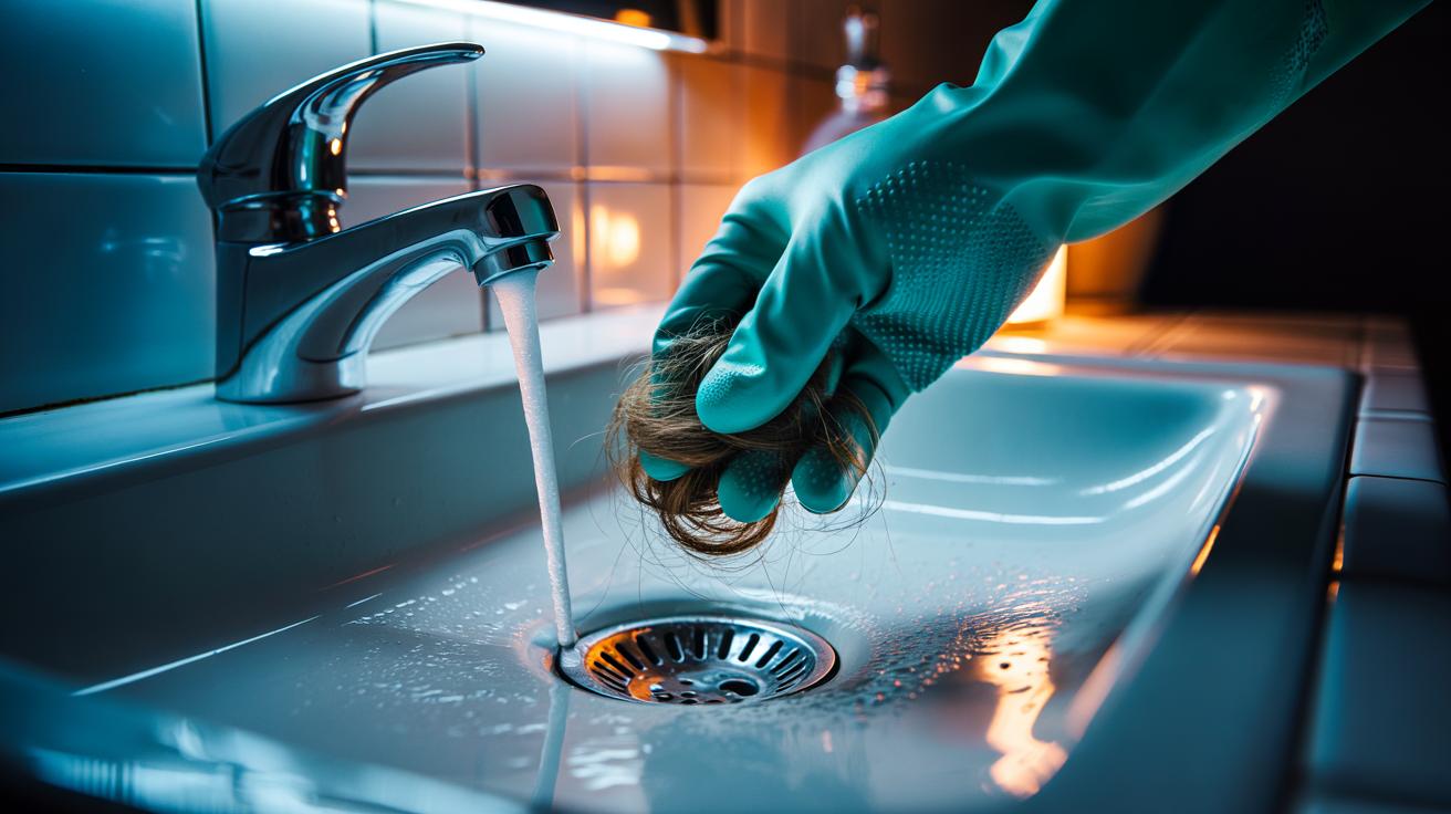 Illustration of a textured rubber glove pulling a hair clog from a bathroom sink drain