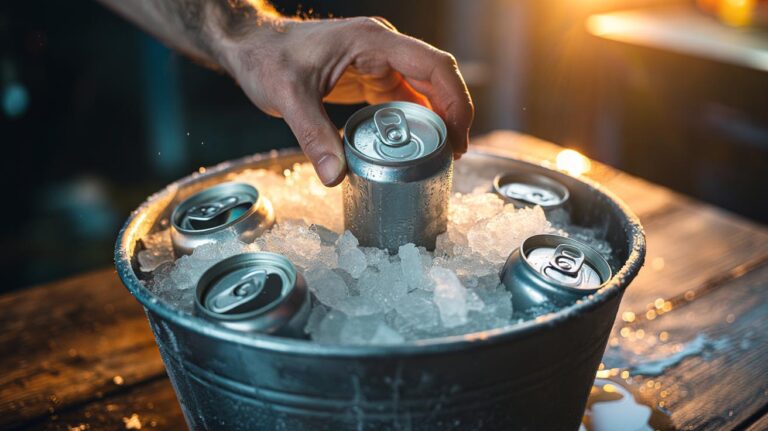 Illustration of a bucket filled with ice, water, and salt forming a brine that rapidly chills beverage cans and bottles.