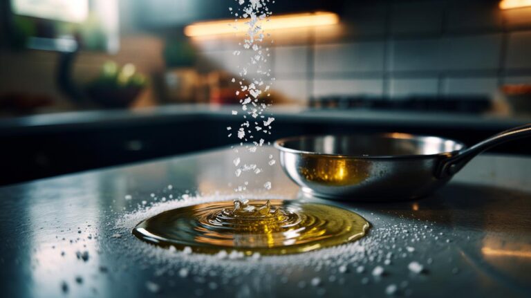 Illustration of coarse salt crystals scattered onto a fresh grease spill, instantly wicking and clumping the oil