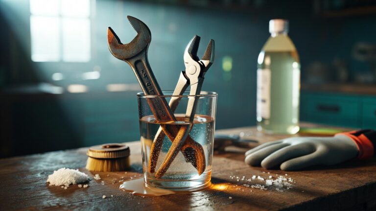 Illustration of rusted hand tools submerged in a glass container of salt-and-vinegar solution to dissolve oxidation