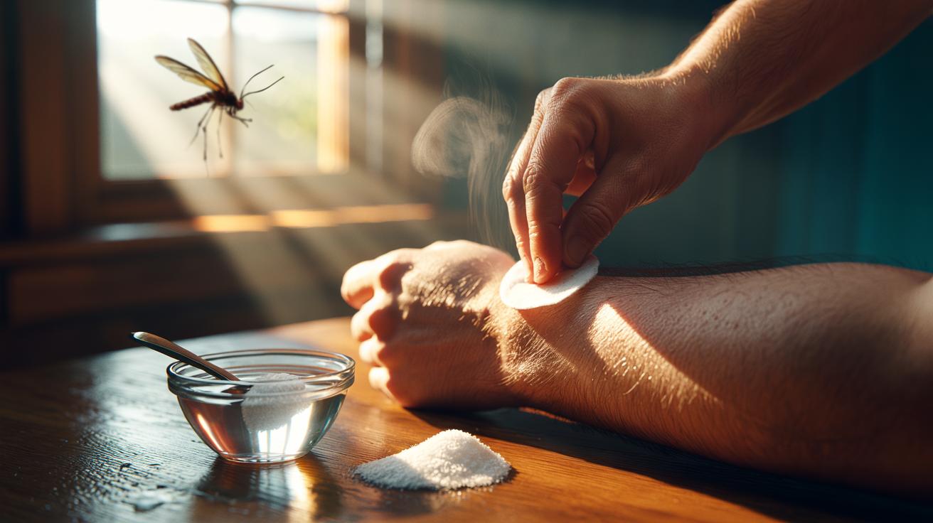 Illustration of a person applying a warm salt water soak with a cotton pad to a mosquito bite on the forearm for itch relief