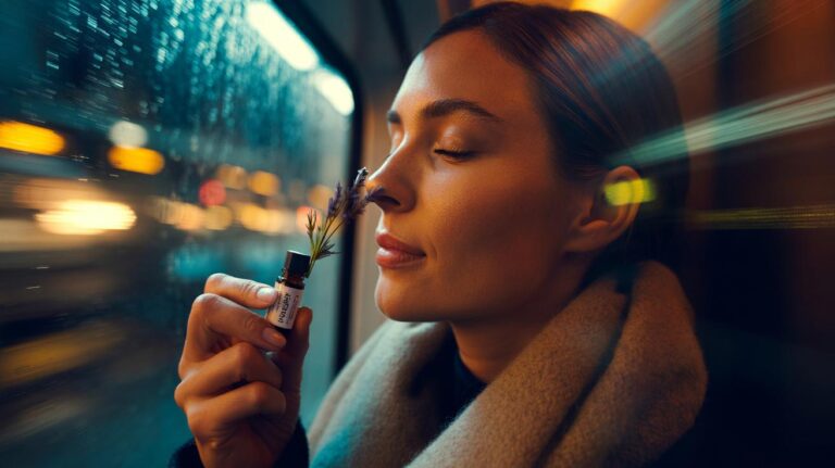 Illustration of a person gently smelling a portable rollerball scent to activate a scent anchor and calm the nervous system