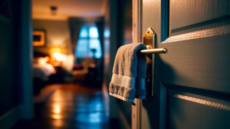 Illustration of a folded towel draped over the latch-side door handle to cushion the strike and prevent night-time banging