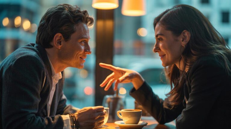 Illustration of two people in conversation, one practicing active listening and prompting tell me more to encourage deeper sharing and instant bonding