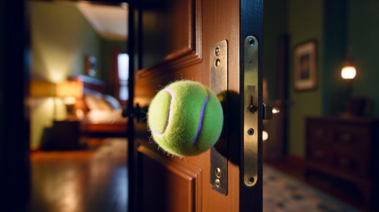Illustration of a slit tennis ball fitted to a door handle to cushion closure and prevent night-time slamming