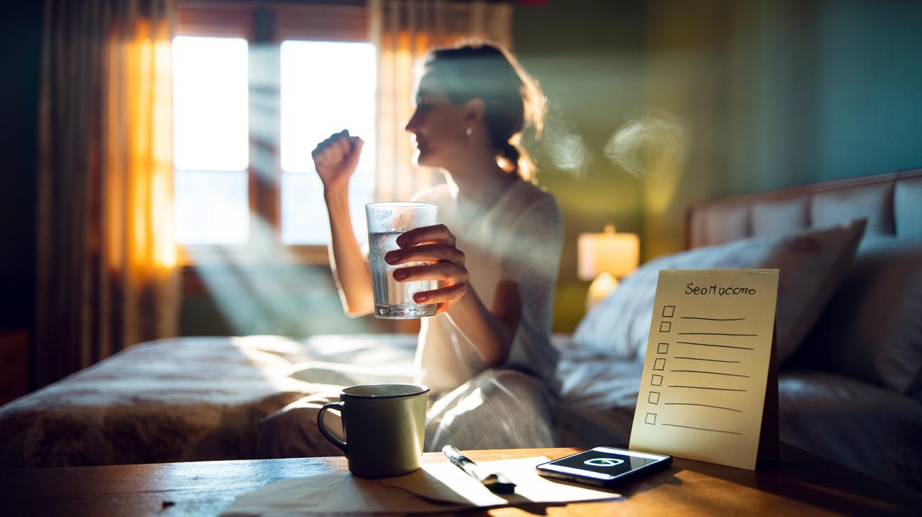 Illustration of a person on a difficult morning checking a tiny win list—drink water, open curtains, send one text—and celebrating each small win to reinforce dopamine-driven motivation