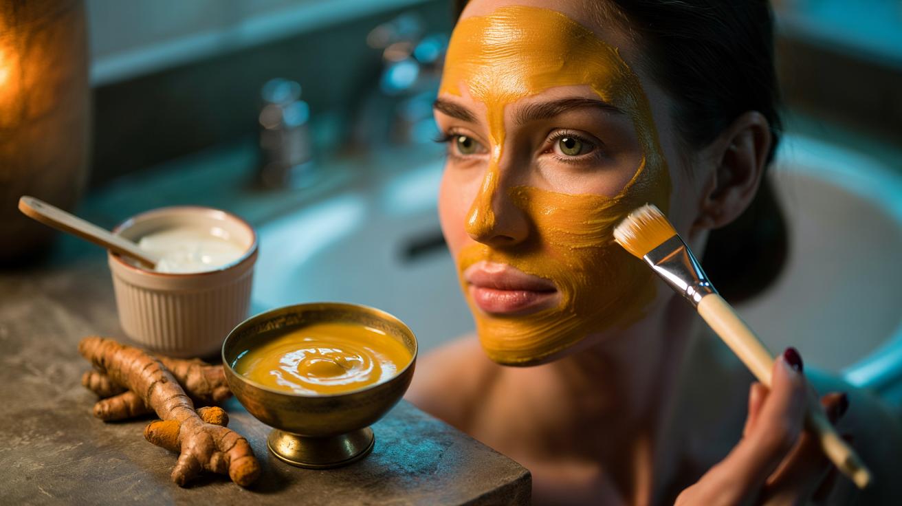 Illustration of a turmeric and yoghurt face mask in a bowl with a brush, showing the golden mixture used to even skin tone