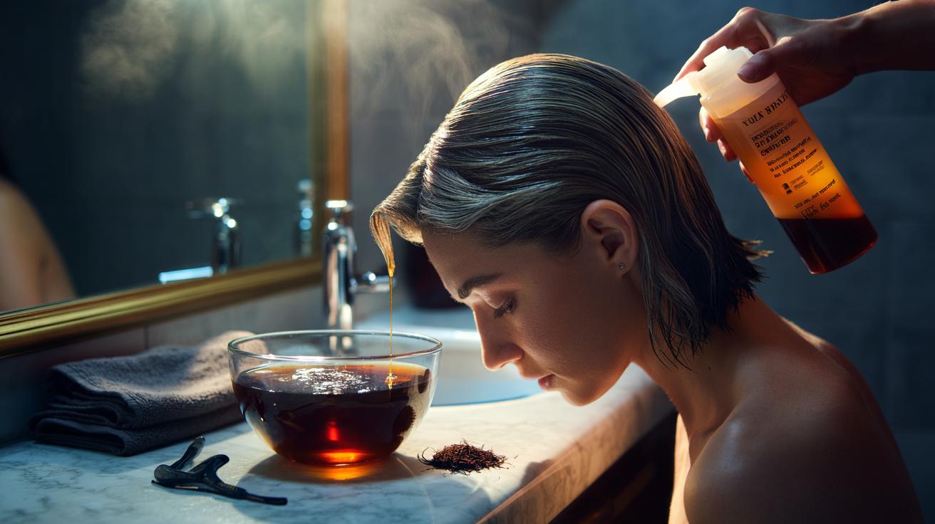 The used black tea rinse that covers grey roots temporarily : how strong tannins dye hair for days