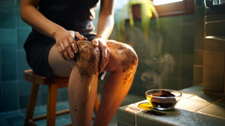 Illustration of used coffee grounds scrub being applied to the knees to fade darkness and boost circulation