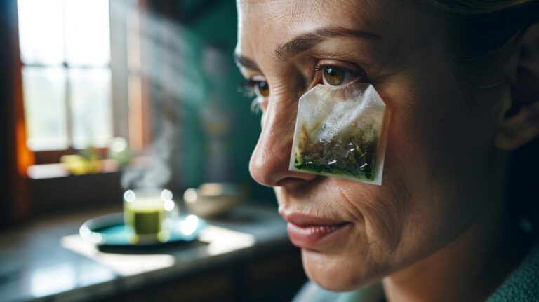 Illustration of a cooled used green tea bag being gently applied under the eye to fade dark circles through caffeine-induced vasoconstriction